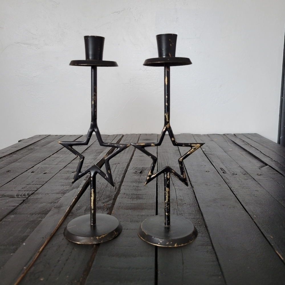 Set of 2 Metal Star Candle Holders Black Gold Distressed Holiday Home Decoration